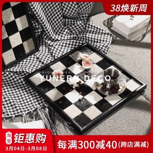 简约现代家居卧黑白格创意收纳托盘室摆件样板房间棋盘格装 饰品