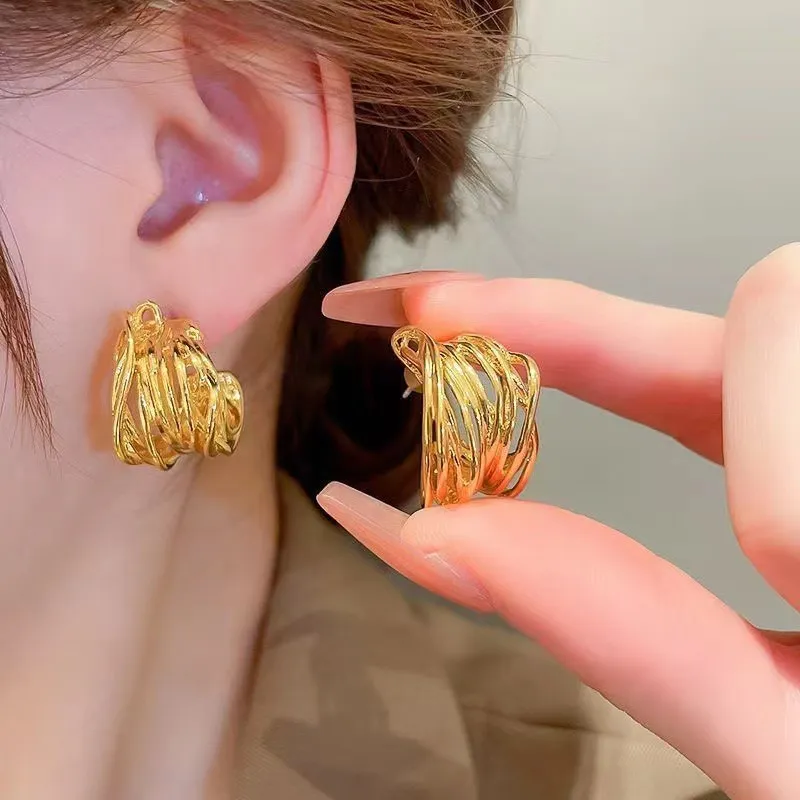 欧美金色耳环女轻奢小众设计高级感独特耳坠港风夸张耳钉金属耳饰