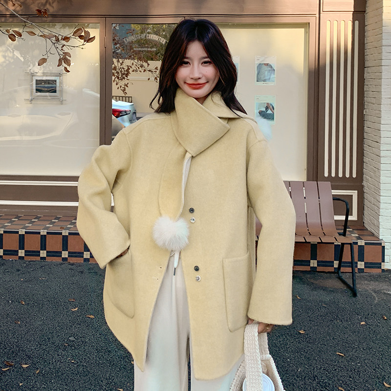 奶黄色羊毛双面呢外套女秋冬2025新款小个子甜美显瘦独特漂亮大衣,女装毛呢外套,2D113