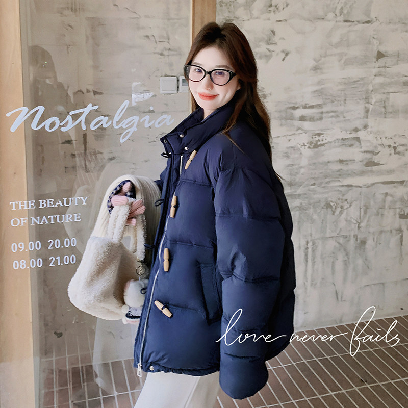 韩系学院风加厚牛角扣羽绒服女冬季新款减龄显瘦保暖90白鸭绒外套图片