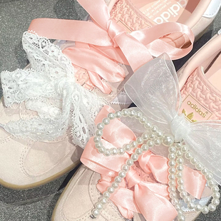 蕾丝鞋带阿迪德训鞋samba珍珠蝴蝶结鞋扣白色欧根纱ins芭蕾风配饰