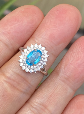 天然蓝色磷灰石戒指女925银镀金镶嵌裸石戒面彩宝戒指配鉴定证书