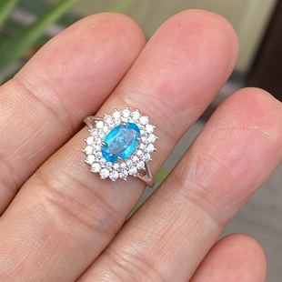 天然蓝色磷灰石戒指女925银镀金镶嵌裸石戒面彩宝戒指配鉴定证书