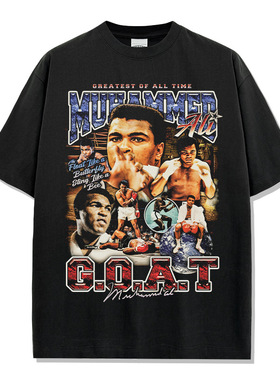 美式复古阿里Muhammad Ali印花短袖T恤水洗重磅纯棉vintag潮t