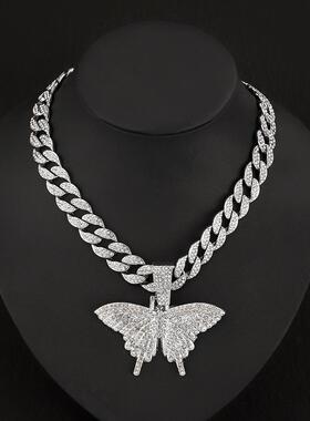 嘻哈满钻合金蝴蝶吊坠项链