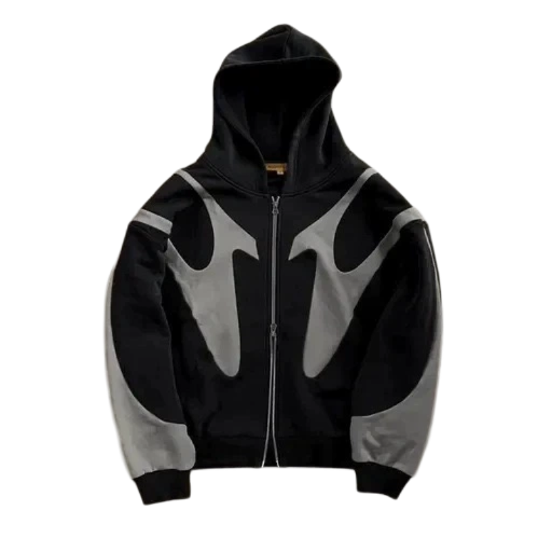 美式复古街头嘻哈十字架拼接印花黑色拉链连帽衫女y2k原宿外套