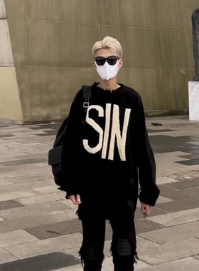 网红同款潮牌SIN针织衫字母高街不规则破坏宽松百搭男女圆领毛衣