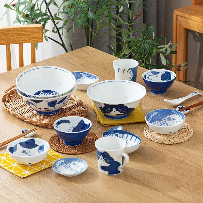 1025日本进口可爱萌猫陶瓷餐具 釉下彩陶瓷碗盘筷子架马克杯勺子