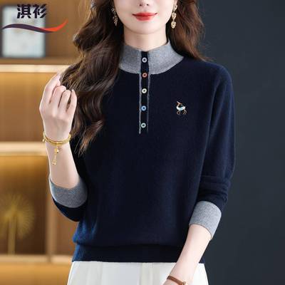 100纯羊毛衫女秋冬新款半高领针织打底衫宽松显瘦拼色羊绒毛衣厚