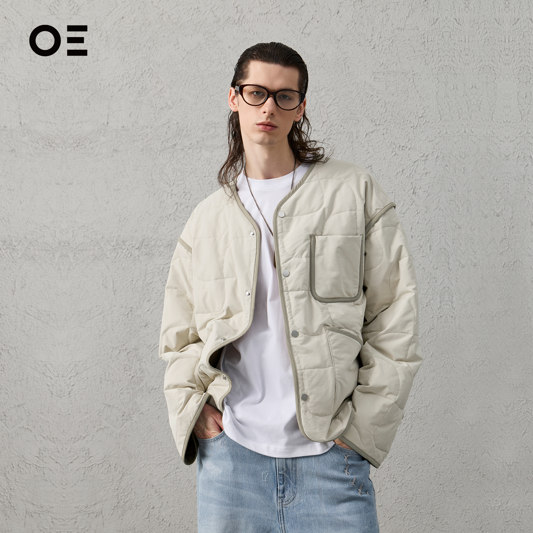 无领撞色绗缝羽绒服轻薄防泼水