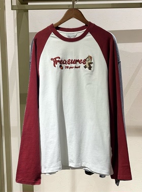 T恤女长袖2024春新款潮字母卡通刺绣撞色休闲圆领薄上衣440001