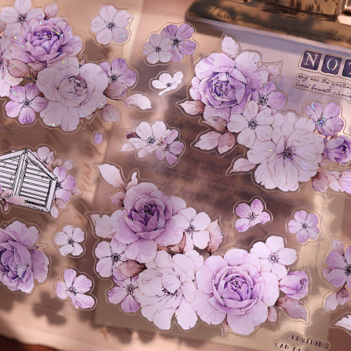 小白家文创【疏影】复古紫色花卉和纸PET贝壳光模切手帐贴纸胶带
