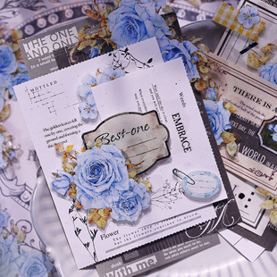 小白家文创新品【清露】轻复古蓝色玫瑰花卉和纸PET模切手帐胶带