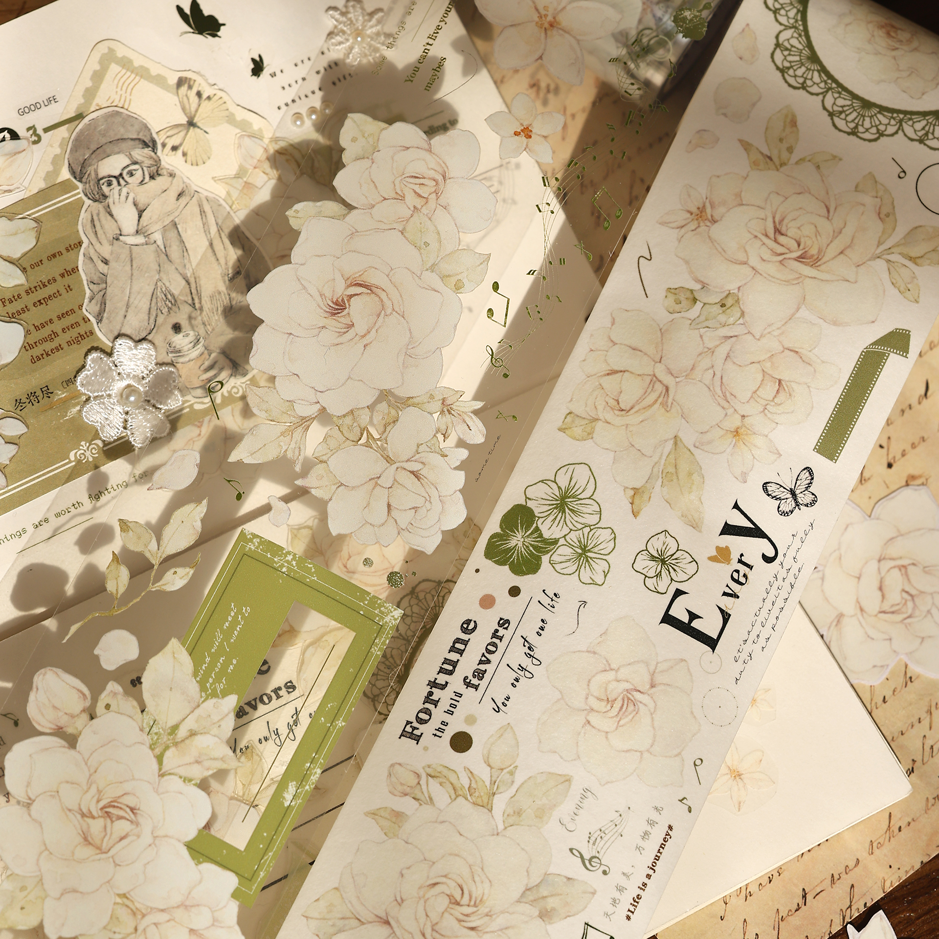 花和纸复古黄绿色手帐拼贴卡