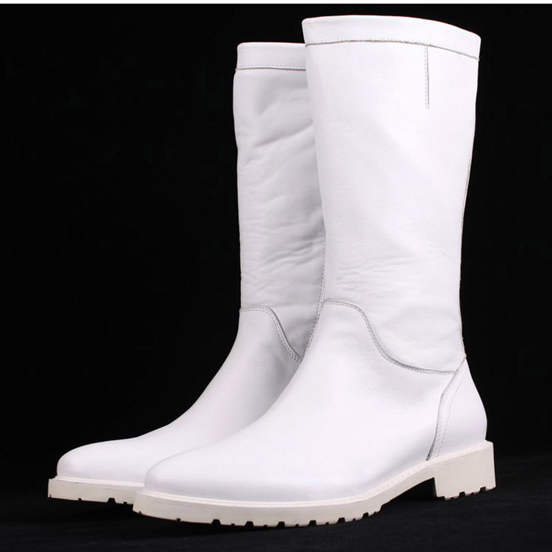 秋冬真皮高帮男皮靴软皮拉链高筒靴不过膝潮流骑士靴白色男士靴子