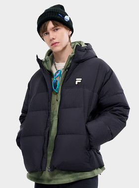 斐乐FILA潮牌男女羽绒服2025冬款宽松保暖连帽外套T11U443905F-BK