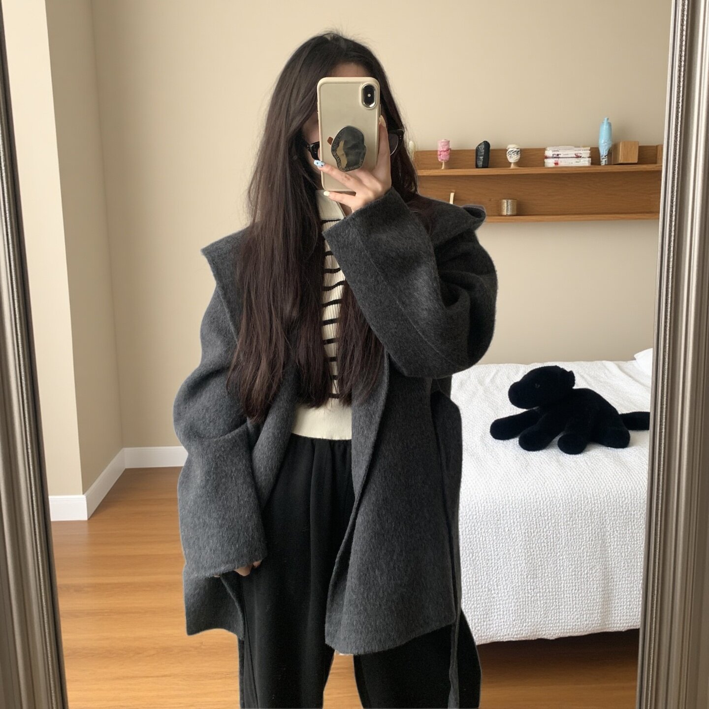 深灰色羊毛双面呢大衣女2026秋冬小个子短款呢子宽松连帽毛呢外套
