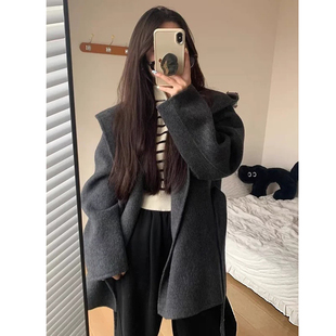 深灰色绵羊毛双面呢大衣女秋冬季小个子短款呢子宽松连帽毛呢外套