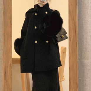 富贵花双面羊绒大衣女2025秋冬新款高端狐狸毛斗篷小个子毛呢外套