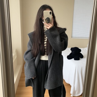深灰色羊毛双面呢大衣女2026秋冬小个子短款呢子宽松连帽毛呢外套