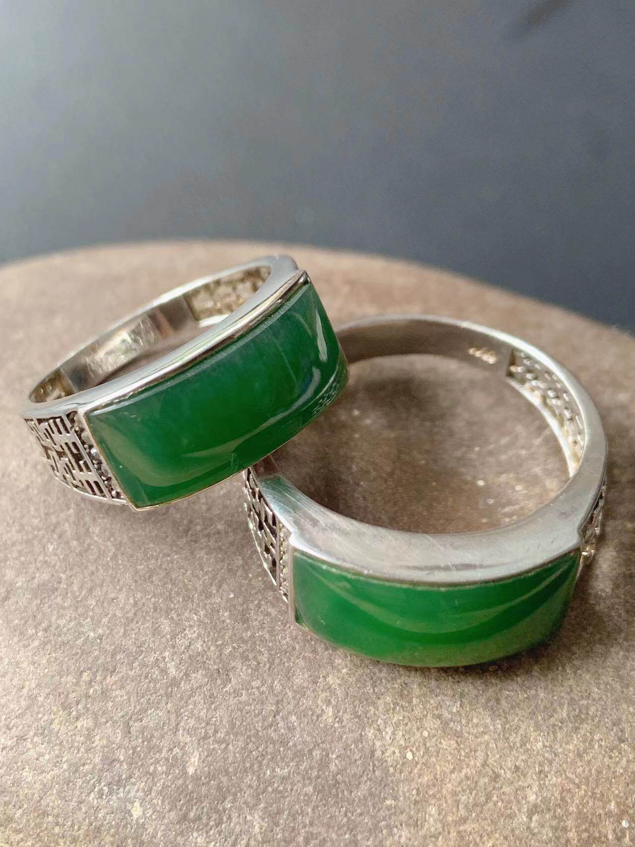 天然和田玉马鞍戒指s925银镶碧玉戒圈21mm+18mm情侣款绿宝石指环