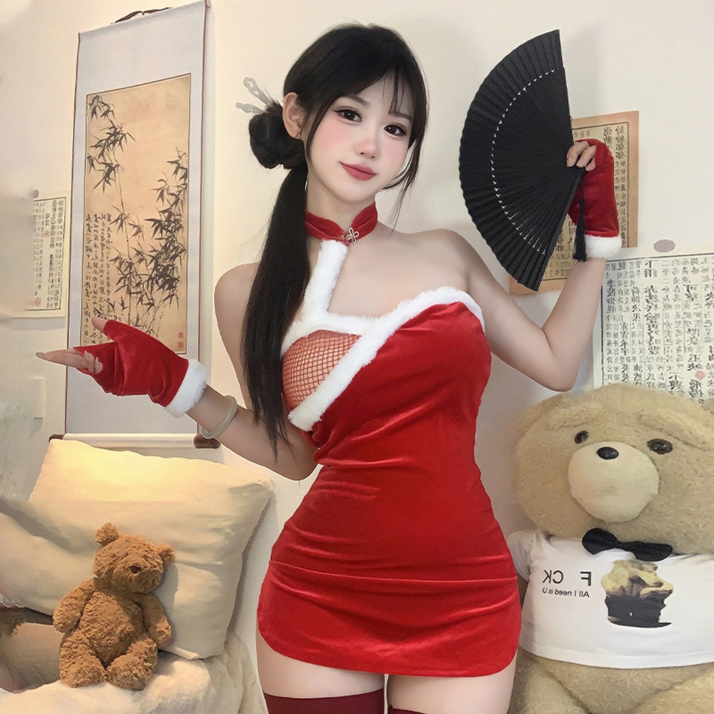 cos「绮罗一梦」新年战袍圣诞节服红色性感包臀裙纯欲睡裙女