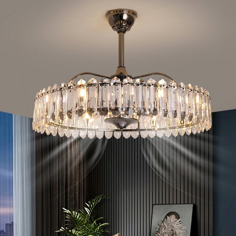 轻奢餐厅水晶吊扇灯风扇灯2023年厅灯隐形家用一体风扇吊灯新款客