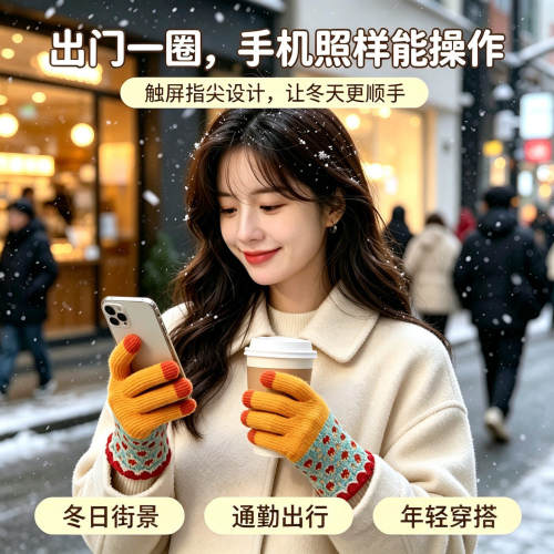 多巴胺拼色毛线手套加厚保暖