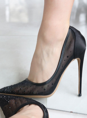 法式大小码 烫水钻网纱尖头超高跟鞋 CD床上浅口性感黑色蕾丝13CM