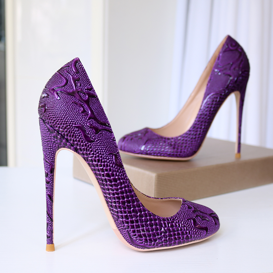 紫色蛇纹圆头高跟鞋超浅口礼服鞋