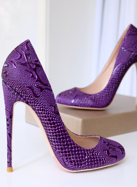 紫色蛇纹压花圆头高跟鞋女12CM细跟超浅口定制大码法式简单百搭CD
