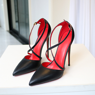 13cm 大小码 哑光红底红内交叉带超高跟鞋 床细跟超浅口尖头雾面法式