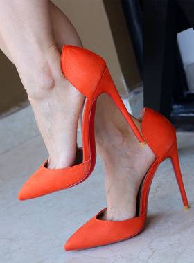 橙色高跟鞋中空尖头女单鞋细跟超浅口绒面法式大小码CD红底鞋13CM