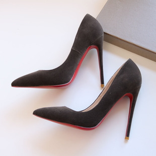 秋冬季红底高跟鞋灰色绒面浅口单鞋尖头细跟性感恨天高大小码13cm