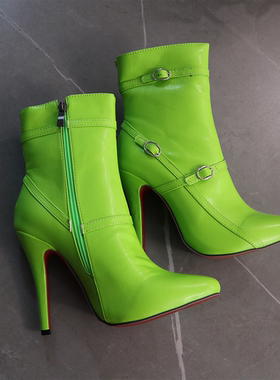 绿色皮带扣短靴尖头细高跟爵士舞heels大码反串CD变装12CM红底鞋