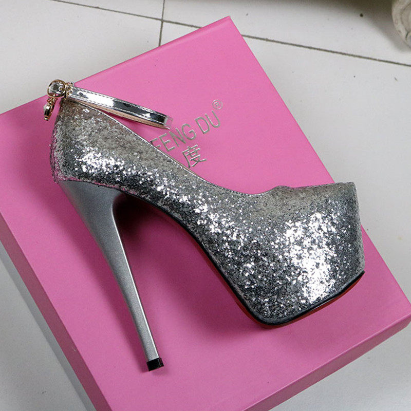 玫瑰金色银色亮片 一字带超高跟鞋 尖头细高跟婚鞋包头钻水晶15CM在类目 女鞋, 低帮鞋中 - 来自Buy2taobao.com提供专业的淘宝代购服务