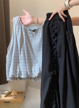 甜辣少女黑色中长款花苞半身裙减龄夏木耳花边高腰显瘦A字蓬蓬裙