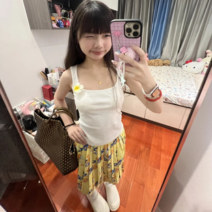 8uioio 韩系学院风碎花半身裙女夏季2025新款高腰显瘦a字百褶中裙
