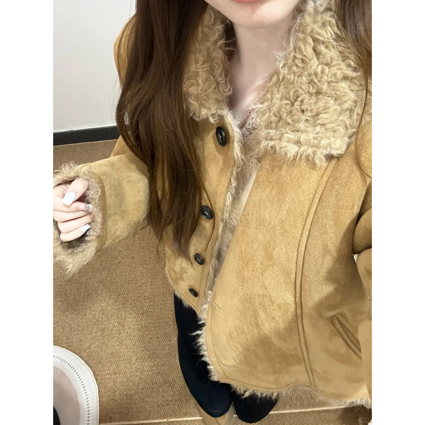 MUKOK 皮毛一体环保加厚羊羔毛外套女秋冬保暖上衣韩系通勤麂皮绒