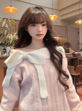 Moster Timnothy原创一字肩蝴蝶结厚款连衣裙氛围感针织长袖毛衣