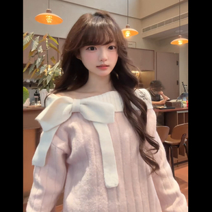 Moster Timnothy原创一字肩蝴蝶结厚款连衣裙氛围感针织长袖毛衣