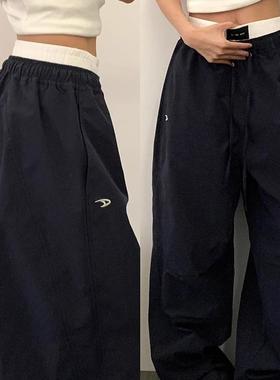 美式复古藏青色工装裤女春夏2025新款阔腿休闲直筒慵懒运动卫裤潮