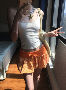 美式复古辣妹橙色格纹花苞半身裙女夏新款松紧腰抽绳低腰z字短裙