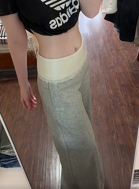 韩系拼接蕾丝休闲阔腿裤女春秋新款2025早春百搭显瘦灰色直筒裤潮