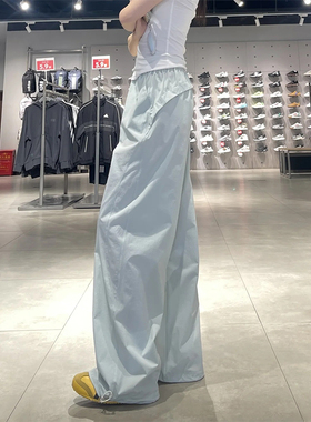 美式复古速干湖蓝色工装裤女夏季新款高腰显瘦直筒抽绳薄款阔腿裤