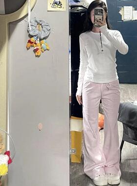 弄格秋冬新款粉色运动微喇叭卫裤女加绒加厚高腰显瘦休闲拖地裤子