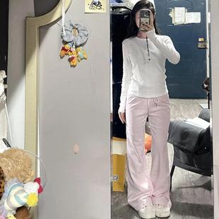 弄格秋冬新款粉色运动微喇叭卫裤女加绒加厚高腰显瘦休闲拖地裤子