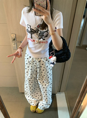 heyabc 春夏复古小狗印花阔腿裤女2025宽松显瘦垂感百搭直筒长裤