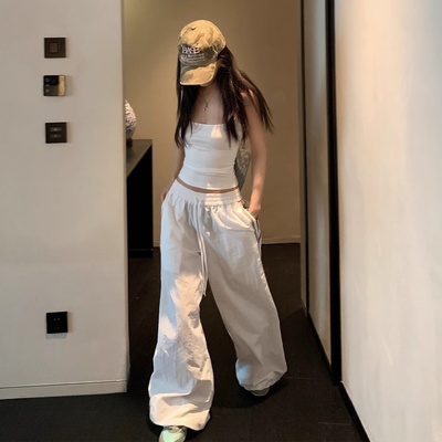 SUNONEONE 美式拼色宽松直筒休闲裤女夏韩版慵懒抽绳百搭运动裤子