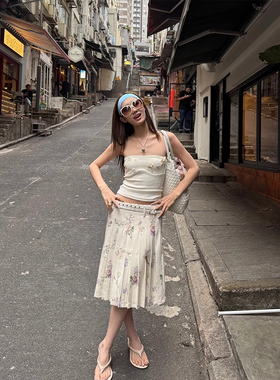 PlaceOrder 复古插画碎花百褶裙女夏季低腰显瘦百搭A字半身裙中裙